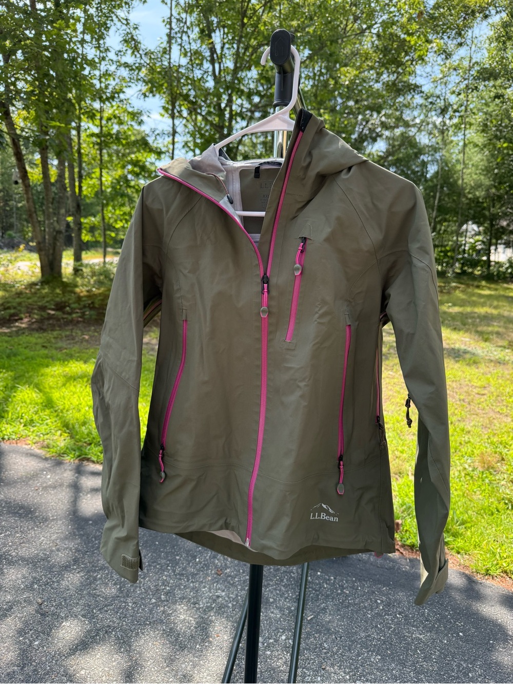 L.L. Bean Women's Olive Hooded Rain Jacket with Pink Accents